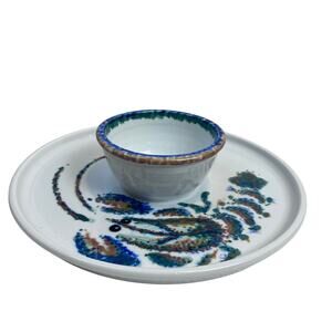 Handcrafted Stoneware Chip and Dip Dish‎ Lobster Crayfish Hand-painted 10"